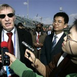 Major League Baseball Commissioner Bud Selig speaks to Chinese reporters prior to the start of an exhibition game between the Los Angeles Dodgers and the San Diego Padres, Saturday, March 15, 2008, in Beijing, China. (AP Photo/Robert F. Bukaty)