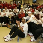Wisconsin basketball team watch the NCAA tournament selection show in Indianapolis, Sunday, March 16, 2008. Wisconsin will play Cal State Fullerton in the first round. (AP Photo/Darron Cummings)