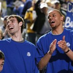 Drake University players Adam Emmenecker, left, and Bill Eaddy react as they watch the NCAA basketball tournament selection show, Sunday, March 16, 2008, in Des Moines, Iowa. Drake, the Missouri Valley Conference champions, will play Western Kentucky in the West Region on Friday in Tampa, Fla. (AP Photo/Charlie Neibergall)