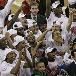 Members of the Georgia basketball team react when their NCAA tournament bracket position is announced following their 66-57 win over Arkansas in the 2008 Southeastern Conference basketball tournament championship game at Alexander Memorial Coliseum on the campus of Georgia Tech in Atlanta on Sunday, March 16, 2008. Georgia will face Xavier. (AP Photo/Phil Coale)