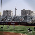 The San Diego Padres loosen up before an exhibition game against the Los Angeles Dodgers at Wukesong Baseball Field, Saturday, March 15, 2008, in Beijing, China. (AP Photo/Robert F. Bukaty)