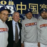 Los Angeles Dodgers, from left, manager Joe Torre, owner Frank McCourt, and pitchers Hong-Chih Kuo, of Taiwan, and Chan Ho Park, of Korea, pose at a news conference before the team's workout, Friday, March 14, 2008, in Beijing, China. The Dodgers will play the San Diego Padres in an exhibition series this weekend. (AP Photo/Robert F. Bukaty)