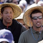 San Diego Padres baseball players Kyle Banks, left, and Paul Abraham, wear souvenir hats during the team's visit to the Great Wall, Thursday, March 13, 2008, near Beijing, China. (AP Photo/Robert F. Bukaty)