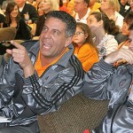 Bruce Pearl discusses NCAA selections with assistant coach Jason Shay during the NCAA selections at Thompson Boling Arena on Sunday, March 16, 2008 in Knoxville, Tenn. (AP Photo/Lisa Norman-Hudson)