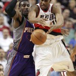 Phoenix Suns Amare Stoudemire breaks up a pass to Portland Trail Blazers LaMarcus Aldridge (12) in the second quarter of an NBA basketball game Tuesday, March 18, 2008, in Portland, Ore. (AP Photo/Rick Bowmer)