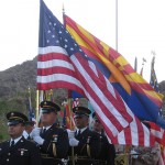 Veterans marched in honor of Lori Piestewa at a sunrise service to remember her at Piestewa Peak. (Kevin Tripp/KTAR)