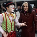 Ringling Bros. and Barnum & Bailey Circus clown Ben Bolin meets former "American Idol" contestant Amanda Overmeyer when the cast of the circus and Overmeyer appeared on the NBC "Today" television show in New York's Rockefeller Plaza, Tuesday March 25, 2008. (AP Photo/Richard Drew)
