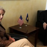 Cindy McCain, left, wife of the US Presidential hopeful Senator John McCain, meets with Kosovo prime minister Hashim Thaci in Kosovo's capital Pristina on Wednesday, March 26, 2008. McCain meet with Kosovo's President Fatmir Sejdiu and Prime Minister Hashim Thaci together with the head of the leading mine-clearance charity, the HALO trust. McCain is a board member in the charity that is active in war-torn countries and has traveled to Cambodia, Sri Lanka and Angola. (AP Photo/Visar Kryeziu)
