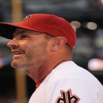 Diamondbacks coach Kirk Gibson shares a laugh before the start of the Arizona Diamondbacks home opener against the Los Angeles Dodgers on Monday at Chase Field. Samantha Hjelle For Sports 620 KTAR