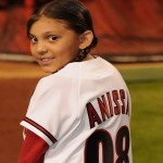 Anissa Armenta prepares to throw out the first pitch before the start of the Arizona Diamondbacks home opener against the Los Angeles Dodgers on Monday at Chase Field. Samantha Hjelle For Sports 620 KTAR