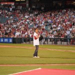 Anissa Armenta prepares to throw out the first pitch before the start of the Arizona Diamondbacks home opener against the Los Angeles Dodgers on Monday at Chase Field. Samantha Hjelle For Sports 620 KTAR