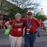 Gloria Jacoby (left) and Nelson Seigel, of Phoenix, cheer on the Diamondbacks prior to the start of Arizona's home opener against the Los Angeles Dodgers on Monday at Chase Field. Samantha Hjelle For Sports 620 KTAR