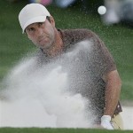 Jose Maria Olazabal of Spain hits out of a bunker on the 18th hole during the second round of the 2008 Masters golf tournament at the Augusta National Golf Club in Augusta, Ga., Friday. 