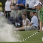 Zach Johnson takes his fourth shot on the 17th hole during the second round of the 2008 Masters golf tournament at the Augusta National Golf Club in Augusta, Ga., Friday. Johnson had a double bogey on the hole.