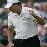 Phil Mickelson celebrates after making birdie on the 17th green during the second round of the 2008 Masters golf tournament at the Augusta National Golf Club in Augusta, Ga., Friday.