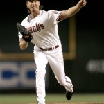Arizona Diamondbacks pitcher Randy Johnson delivers a pitch against the Houston Astros during the first inning of a baseball game Wednesday, April 30, 2008, in Phoenix. (AP Photo/Matt York)