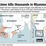 Map locates areas hit by Tropical Cyclone Nargis in Myanmar.
