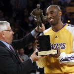 NBA Commissioner David Stern presents Los Angeles Lakers' Kobe Bryant with the NBA's Most Valuable Player trophy before Game 2 against the Utah Jazz in an NBA Western Conference semifinal playoff basketball series at the Staples Center in Los Angeles, Wednesday, May 7, 2008. (AP Photo/Kevork Djansezian)