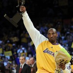 Los Angeles Lakers' Kobe Bryant holds the NBA's Most Valuable Player trophy before Game 2 against the Utah Jazz in an NBA Western Conference semifinal playoff basketball series at the Staples Center in Los Angeles, Wednesday, May 7, 2008. (AP Photo/Kevork Djansezian)