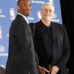 The National Basketball Association's most valuable player, Los Angeles Lakers' Kobe Bryant, left, prepares to depart the stage with Lakers coach Phil Jackson following a news conference Tuesday, May 6, 2008, in Los Angeles. (AP Photo/Ric Francis)