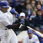 Chicago Cubs' Alfonso Soriano breaks his bat as he hits a foul against Arizona Diamondbacks during the seventh inning of a baseball game on Saturday, May 10, 2008 in Chicago. The Cubs won 7-2. (AP Photo/Nam Y. Huh)