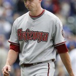 Arizona Diamondbacks relief pitcher Brandon Medders walks back to the dugout after the seventh inning of a baseball game against Chicago Cubs on Saturday, May 10, 2008 in Chicago. The Cubs won 7-2. (AP Photo/Nam Y. Huh)
