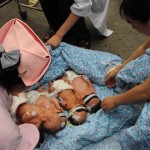 In this photo distributed by the official Chinese news agency Xinhua, newly born babies are moved at a hospital after an earthquake occurred in Nanchong, a city in southwest China's Sichuan Province on Monday May 12, 2008. A massive earthquake has toppled buildings across a wide area of central China on Monday, killing more than 8,533 people, trapping hundreds of students under the rubble of schools and spilling ammonia from a chemical plant. (AP Photo /Cheng Chaosheng, Xinhua)