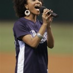 American Idol finalist Syesha Mercado, of Sarasota, Fla., sings the National Anthem before the start of the Los Angeles Angels and Tampa Bay Rays baseball game Friday, May 9, 2008 in St. Petersburg, Fla. (AP Photo/Chris O'Meara)
