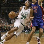 Boston Celtics forward Paul Pierce (34) drives against Detroit Pistons forward Tayshaun Prince (22) in the second half during Game 1 of the NBA Eastern Conference basketball finals in Boston, Tuesday, May 20, 2008. The Celtics won 88-79. (AP Photo/Winslow Townson)