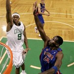 Boston Celtics guard Rajon Rondo (9) shoots next to Detroit Pistons forward Antonio McDyess (24) in the second half during Game 1 of the NBA Eastern Conference basketball finals in Boston, Tuesday, May 20, 2008. The Celtics won 88-79. (AP Photo/Winslow Townson)