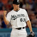 Florida Marlins relief pitcher Kevin Gregg pumps his fist after a 3-2 win against the Arizona Diamondbacks in a baseball game in Miami, Tuesday, May 20, 2008. (AP Photo/Alan Diaz)
