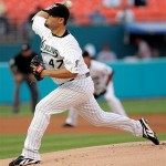 Florida Marlins' Ricky Nolasco pitches against the Arizona Diamondbacks in the second inning of a baseball game in Miami, Wednesday, May 21, 2008. (AP Photo/Alan Diaz)