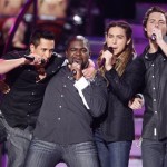 From left, David Hernandez, Chikezie, Jason Castro and Michael Johns perform during the season finale of American Idol on Wednesday May 21, 2008, in Los Angeles. (Mark Mainz/AP Images for Fox)
