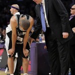 San Antonio Spurs' coach Gregg Popovich talks with player Tony Parker, of France, during the second half against the Los Angeles Lakers in Game 2 of the NBA Western Conference basketball finals, Friday, May 23, 2008 in Los Angeles. (AP Photo/Kevork Djansezian)
