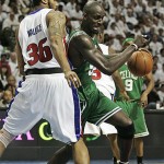 Boston Celtics forward Kevin Garnett drives around Detroit Pistons center Rasheed Wallace (36) during the second quarter of Game 3 of the NBA basketball Eastern Conference basketball finals Saturday, May 24, 2008, in Auburn Hills, Mich. (AP Photo/Duane Burleson)