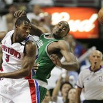 Boston Celtics center Kendrick Perkins, right, loses the ball after a collision with Detroit Pistons guard Rodney Stuckey (3) during the first quarter of Game 3 of the NBA basketball Eastern Conference finals Saturday, May 24, 2008, in Auburn Hills, Mich. (AP Photo/Tony Dejak)
