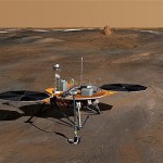 This undated photo released by NASA shows an artist's rendering of the Phoenix lander on the arctic plains of Mars just as it has begun to dig a trench through the upper layer of soil. The polar water ice cap is shown in the distance. (AP Photo/NASA, Jet Propulsion Laboratory, Corby Waste)