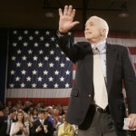 Republican presidential candidate, Sen. John McCain, R-Ariz., waves before speaking at a town hall meeting at Greendale Martin Luther High School on Thursday, May 29, 2008, in Greendale, Wisc. (AP Photo/Jeff Chiu)
