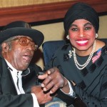 n a Friday, March 8, 2002 file photo, entertainer Bo Diddley clowns with opera singer Leontyne Price prior to the start of the National Association of Black Owned Broadcasters 18th Annual Communications Awards Dinner in Washington. A spokeswoman says Diddley died of heart failure Monday, June 2, in Florida. He was 79. (AP Photo/Ron Thomas, File)

