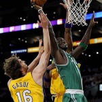 Boston Celtics' Kevin Garnett, right, shoots as Los Angeles Lakers' Pau Gasol (16), of Spain, defends in the first half of Game 3 of the NBA basketball finals Tuesday, June 10, 2008, in Los Angeles. (AP Photo/Kevork Djansezian) 