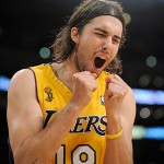 Los Angeles Lakers guard Sasha Vujacic, of Slovenia, reacts after a shot in the second half of Game 4 of the NBA basketball finals against the Boston Celtics on Thursday.