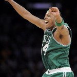 Boston Celtics' Paul Pierce celebrates his team's 97-91 victory over the Los Angeles Lakers in Game 4 of the NBA basketball finals Thursday.