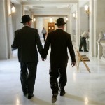 Curt Garman, left, and Richard Looke hold hands as they look for a quiet spot to hold their wedding at City Hall in San Francisco, Tuesday, June 17, 2008. (AP Photo/Marcio Jose Sanchez)
