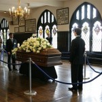 In this photo provided by NBC, Tim Russert's casket is seen at St. Albans School in Washington, Tuesday, June 17, 2008. Many people, including President Bush, paid their respects to Russert, who died of a heart attack on June 13, 2008, while at work in Washington. (AP Photo/NBC, Virginia Sherwood)
