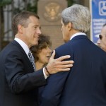 NBC news anchor Brian Williams, left, talks with Sen. John Kerry, D-Mass., center, as they arrive at Holy Trinity Church in the Georgetown neighborhood of Washington, Wednesday, June 18, 2008, for the funeral of NBC's Tim Russert. NBC "Today" show host Matt Lauer is at right. (AP Photo/J. Scott Applewhite)
