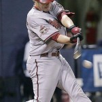 Arizona Diamondbacks' Mark Reynolds drives in a run on a fielders choice against the Minnesota Twins in the eighth inning of a baseball game Friday, June 20, 2008 in Minneapolis. Reyolds also had a solo home run in the sixth. The Twins won 7-2. (AP Photo/Jim Mone)