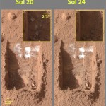 This combination of images provided by NASA's Phoenix Mars Lander's Surface Stereo Imager on Sunday, June 15, left, and Wednesday, June 18, 2008, right, or Sols 20 and 24, shows sublimation of ice in the trench informally called "Dodo-Goldilocks" over the course of four days. In the lower left corner of the left image, a group of lumps is visible. In the right image, the lumps have disappeared. (AP Photo/NASA/JPL/CALTECH)
