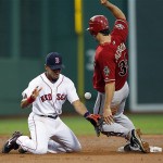 Arizona Diamondbacks' Conor Jackson steals second base as Boston Red Sox shortstop Julio Lugo loses control of the ball in the second inning of a Major League Baseball game at Fenway Park in Boston, Tuesday.