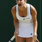 Italy's Maria Elena Camerin reacts during her Women's Singles, first round match with Russia's Elena Dementieva at Wimbledon, Wednesday.