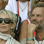 Musician Sting and his wife Trudi Styler watch the tennis on the Centre Court at Wimbledon, Monday.